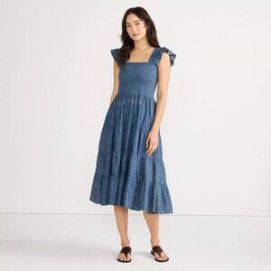 Lands' End NEW Blue Chambray Smocked Midi Dress with Ruffle Straps Size Small